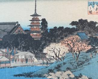 "Kinryūzan Temple at Asakusa", a famous Japanese ukiyo-e woodblock print by listed artist, Utagawa Hiroshige. In a period frame, this piece is in excellent condition, dated 1931 on the verso and measures in frame, 13.75” H x 18.5” W. The print depicts a scene from the Edo period (17th to 19th centuries) of the Kinryūsan Sensōji, a popular Buddhist temple in Asakusa, Edo (modern-day Tokyo).
