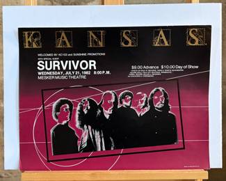 This lot features an original concert poster for band Kansas with special guest, Survivor. This poster measures, 17” H x 22.5” W. This event was held at the Mesker Music Theatre circa 1982.
