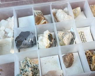 This lot features five (5) cases of rocks and minerals, many of them labeled in their containers.
