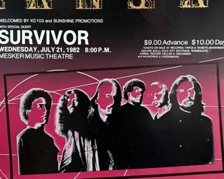 This lot features an original concert poster for band Kansas with special guest, Survivor. This poster measures, 17” H x 22.5” W. This event was held at the Mesker Music Theatre circa 1982.
