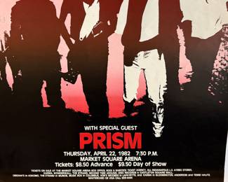 This lot features an original concert poster for the rock band Loverboy with special guest, Prism at the Market Square Arena circa 1982. This poster measures, 22.5” H x 17” W. Loverboy was a popular Canadian quintet in the 1980s, known for multi-platinum albums and hit singles like "The Kid Is Hot Tonight" and "Working for the Weekend".
