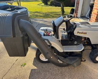 #45 - Poulon Model 271491 14.5hp 38 inch Lawn Tractor w/bagger - Brand new looking condition but need a new battery for sure. Bids start at $100 - we close bids Saturday.