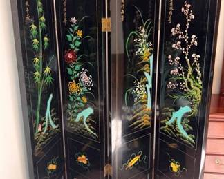 Asian four panel lacquer and glass folding screen