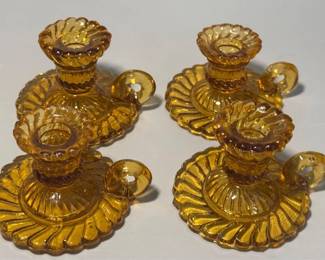 Vintage amber French swirl finger ring chamber candlestick holders