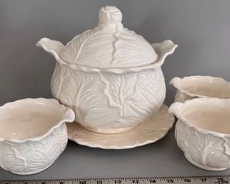 Cabbage leaf soup tureen and bowls