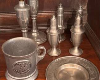 Pewter salt and pepper sets, cup, plate and whale oil lamps
