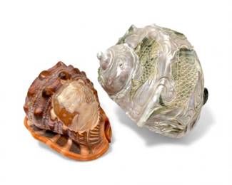 86 PairofLargeCarvedConchShellsCameoPortraitKoiFishDesigns