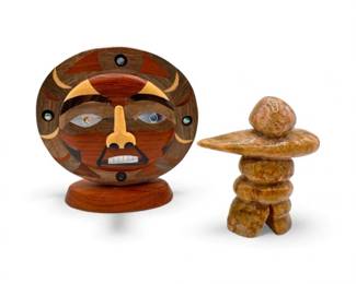 90 WoodInlaySunFacewAbaloneAccents25StoneInukshukFigure