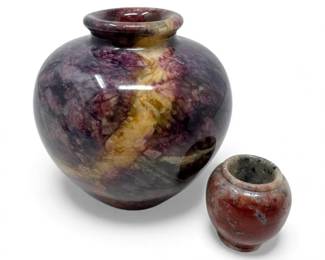 39 TwoCarvedStoneVasesPolishedMixedMineralDisplayPieces