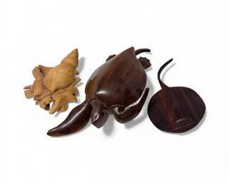 43 HandCarvedWoodTurtleMexicoStingrayConchRootSculptureSet