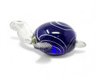 35 BlownGlassTurtlePaperweightCobaltBlueMuranoStyle