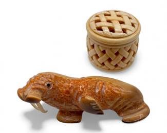 38 CarvedBonefromAlaskaWalrusFigureLatticeBoneBasket2pcs