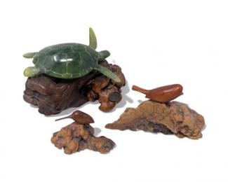 7 CarvedBurlwoodSculpturesJohnPerryTurtle2SignedBirdFigures