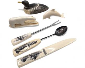 36 CarvedBoneScrimshawLotCanadaInuitInukArtists