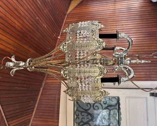 Vintage Brass & Crystal Filigree Chandelier