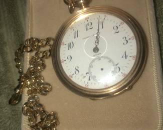 SOLID 14K GOLD WRIGHT KAY & CO. VINTAGE POCKET WATCH WITH FOB CHAIN 
