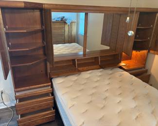Oak Captains Queen Bed
Headboard with lights, mirrors, nightstands and storage!  $450.00
108”w 17”d 72”t w Jamison Foam Mattress