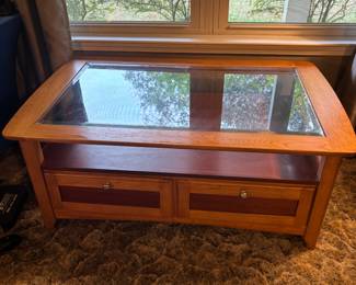 Wood Coffee Table w smoke glass top 2 drawers.  $ 180.00
48”L 30”d 20”t