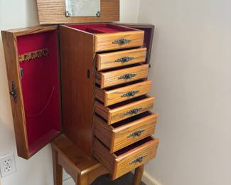 Jewelry Armoire, 6 drawers 2 doors & lift mirror.   $ 125.00
16.5”w 11.5”d 39”t