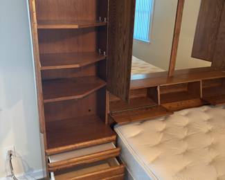 Oak Captains Queen Bed
Headboard with lights, mirrors, nightstands and storage!  $450.00
108”w 17”d 72”t w Jamison Foam Mattress