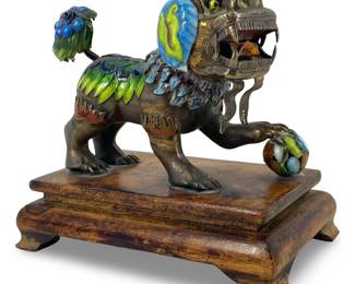 Enameled Metal Art Foo Dog Figure on Wood Stand
