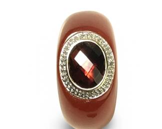 Sublime Red Jade Garnet Diamond 14K Gold Trim Ring
