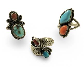 (3) Native American Sterling Turquoise Coral Rings
