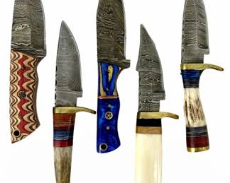 5pc Damascus Steel Knives and Leather Sheaths
