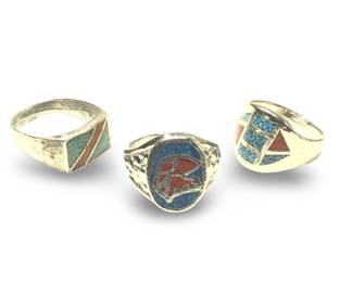 (3) Native American Silver Turquoise Coral Inlay
