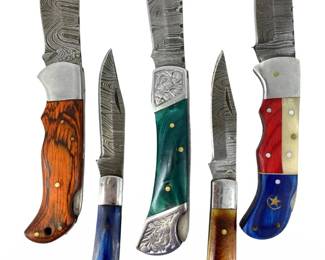 5pc Damascus Pocket Knives with Cases
