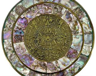 Aztec Mayan Brass and Mother of Pearl Sun Calendar
