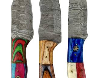3pc Damascus Knives and Leather Sheaths
