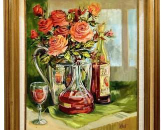 Mary DeLoyht-Arendt Wine & Floral Still Life Oil on Canvas
