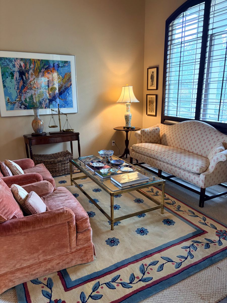 Rug, Edward Fields 7x10
Large artist proof Serigraph, Leroy Neiman
Beautiful Victorian couch reupholstered recently.
Mid-century, brass and glass coffee table
Victorian gate leg folding table
Bristol apothecary brass scale
Mid century Bakers Furniture upholstered chairs