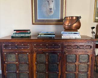 Nick Carpenter 1973 Artist
Indian Carved Rosewood Buffet 
Antique Brass Candlestick Lamp (2)