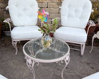 Vintage Woodard Chantily Rose Wrought Iron Patio Chairs and Coffee Table