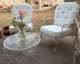 Vintage Woodard Chantily Rose Wrought Iron Patio Chairs and Coffee Table