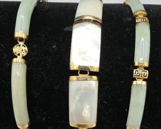 Two 14K Yellow Gols Green Jade Panel One 14k Yellow Gold Chinese Dragon Polished Shell Bracelets