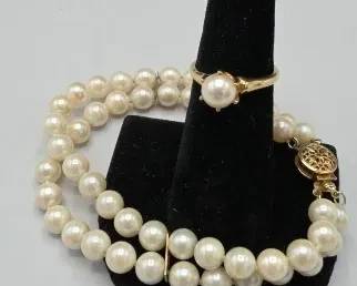 14kt Yellow Gold Stamped 6 Prong Pearl Colored Solitaire 7.5 Pearl Double Strand Bracelet