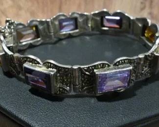 Vintage Sterling Marcasite Gemstone Bracelet Sterling silver semi precious stone bracelet.