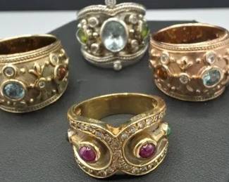 Two Byzantinestyle Wide Band 925 MDJ Oval Aquamarine 925 Etruscan Revival Cigar Wide Band