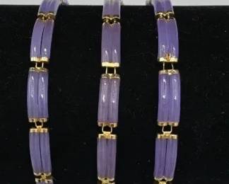 Three Vintage 14K Gold Purple Double Bar Jade Bracelets 7.5