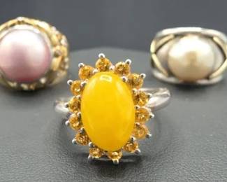 JB Designer Sterling Gold Mother Of Pearl Vintage Mabe Pearl Gold Ring 925 Yellow JadeCitrine
