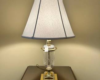 W50 - $35. Crystal Table Lamp. Measures 32" tall with brass base. 