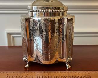 W8 - $75. Silver Plated tea caddy lamp. Shade is in very good condition!