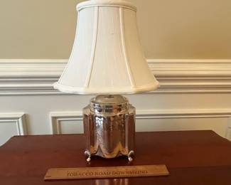 W8 - $75. Silver Plated tea caddy lamp. Shade is in very good condition!