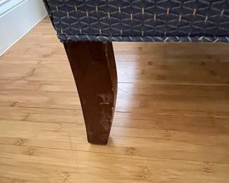 W16 - $75. Blue Wing Back Chair. Measures 26" wide x 27" deep x 43" tall. Floor to seat is 19". Very good condition - upholstery & frame. Sturdy!