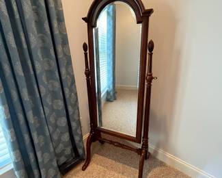 W19 - $40. Floor Mirror with Wooden Frame. Measures 25" wide x 21" deep x 65" tall. (Handle on left side has come off but we have it and it could be glued back on.)