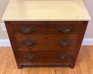 W6 - $100. Antique 3 Drawer Chest. All drawers slide easily. (Marble top is not old. It used to be a desk. Repurposed as an entry cabinet!) Measures 29.5" wide x 15" deep x 30.75" tall. 