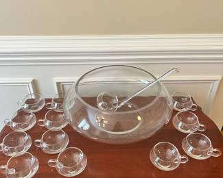 W82 - $50. Moderno Handblown Glass Punch Bowl with ladle & 12 cups. We have original box!